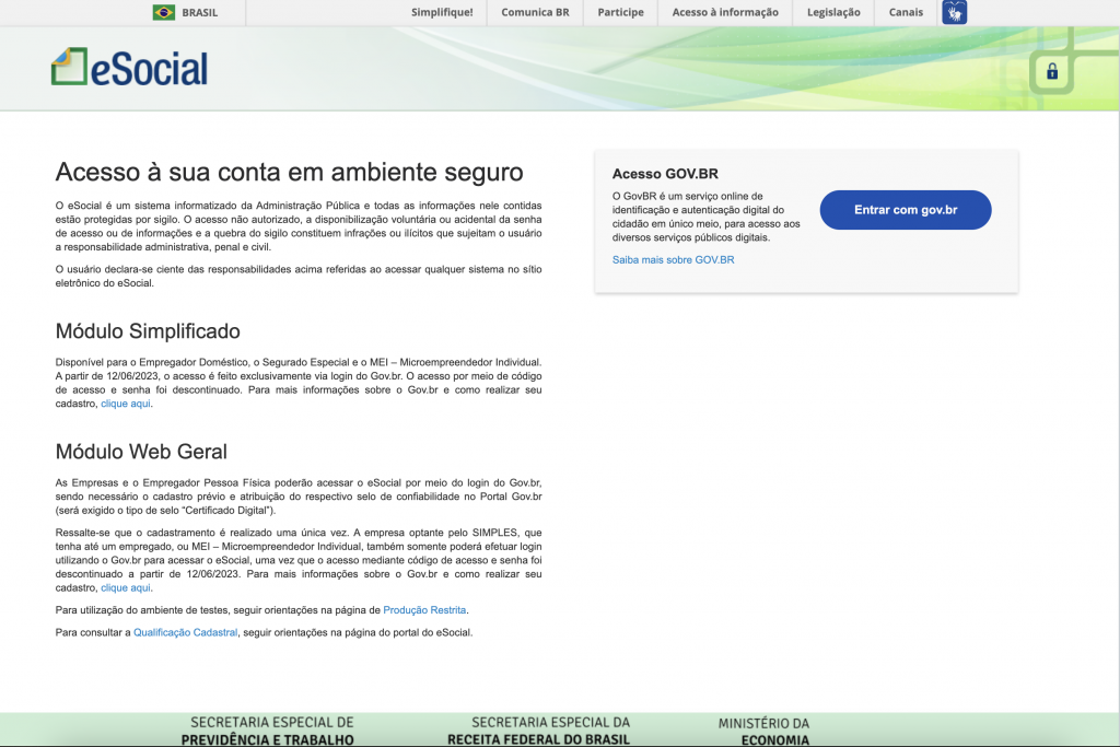 Página de Login do eSocial, com acesso via Módulo Simplificado ou Web Geral.
